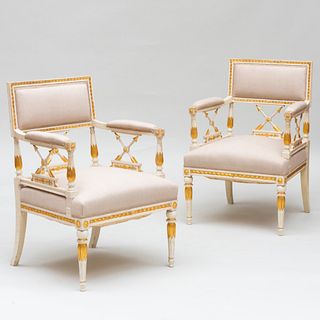 Pair of Swedish Neoclassical Style Painted and Parcel-Gilt Armchairs 