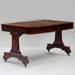 Regency Inlaid Goncalo Alves Trestle Library Table