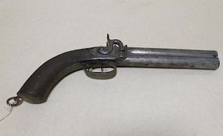 A percussion double barrel pistol, the barrel signed A Karabegof, London, ramrod and lugs missing, 3