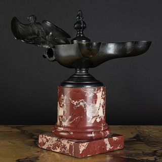 Large Italian Bronze and Marble Oil Lamp, in the Pompeiian style