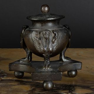 Egyptian Revival Metal Inkwell and Cover