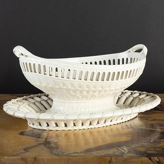 Large English Creamware Oval Basket and a Stand