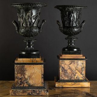 Pair of Italian Neoclassical Bronze Medici Vases on Siena Marble Bases