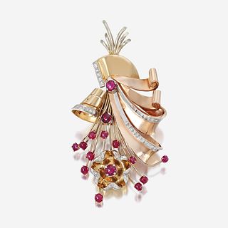 A Retro fourteen karat bicolor gold, ruby, and diamond brooch
