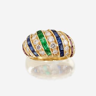 A diamond, sapphire, emerald, ruby, and eighteen karat gold ring, Cartier