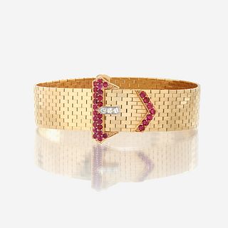 A fourteen karat gold, ruby, and diamond strap bracelet, Tiffany & Co.