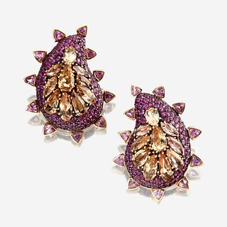 A pair of precious topaz, ruby, and pink tourmaline earrings, Marilyn Cooperman