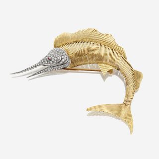 A diamond and eighteen karat bicolor gold clip brooch