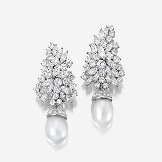 A pair of diamond, South Sea cultured pearl, and platinum earrings