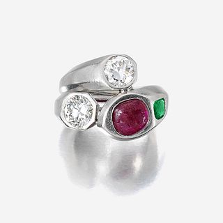 A diamond, ruby, emerald, and platinum ring