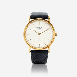 An eighteen karat gold strap wristwatch, Patek Philippe, retailed by Gubelin Calatrava, circa late 1960's