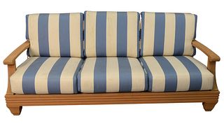 Giati Designs Palazzio Outdoor Teak Sofa, with sunbrella cushions in blue and white, length 78 inches.  