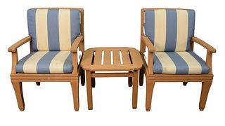 Three Piece Giati Designs Palazzio Outdoor Teak Set, to include two arm chairs along with a small stand. 