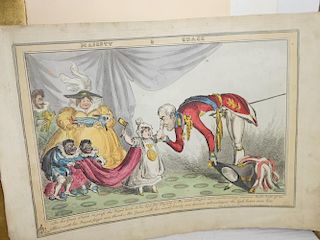 A folder of loose prints and drawings, 'Majesty & Grace', a Duke of Wellington caricature, coloured