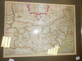 Saxton and Kip, Suffolciae, hand coloured engraved map of Suffolk c.1637, 28 x 38cm; with a map of E