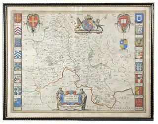 Johannes Blaeu, Oxonium Comitatus Vulgo Oxfordshire, engraved map with hand colouring c.1650, toned,