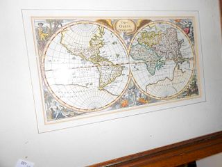 A Double Hemisphere Map of the World, c.1650, hand coloured engraving, 16.5. x 30.5cm; together with