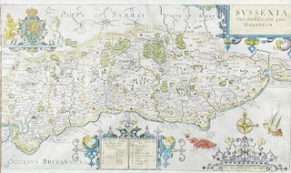 Norden and Kip, Sussexia, hand coloured engraved map of Sussex, 22 x 39cm (plate); together with two
