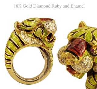 18K Gold Diamond Ruby & Enamel Tiger Pinky Ring