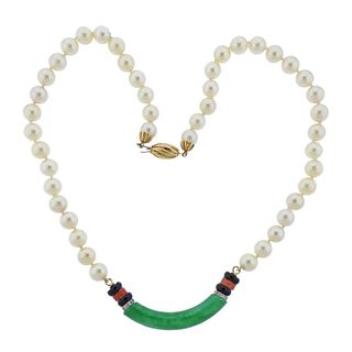 14k Gold Jade Diamond Onyx Coral Pearl Necklace