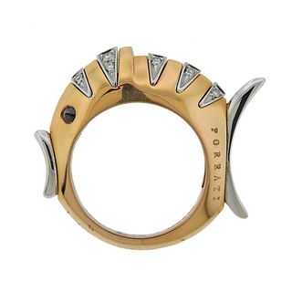 Whimsical Roberta Porrati 18K Gold Diamond Fish Ring
