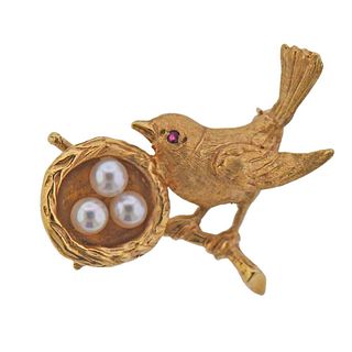 1960s 14k Gold Pearl Ruby Bird Nest Brooch Pin 