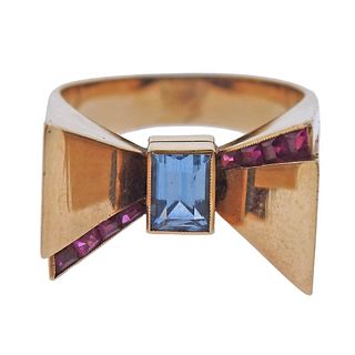 Retro 14k Gold Aquamarine Ruby Bow Ring 