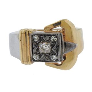 1940s 14k Gold Silver Diamond Buckle Ring 