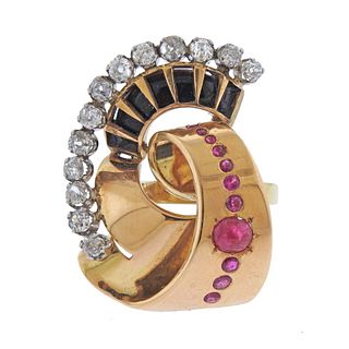 Retro 18k Gold Ruby Diamond Onyx Cocktail Ring 