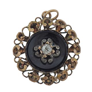 Antique Victorian 14k Gold Diamond Onyx Pendant 