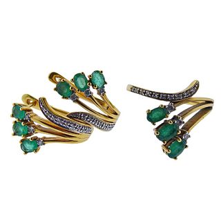 14k Gold Diamond Emerald Earrings Ring Set 
