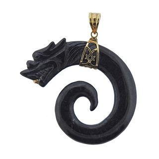 14k Gold Onyx Carved Dragon Pendant 