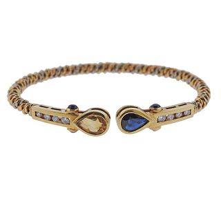 18k Gold Blue Yellow Sapphire Diamond Cuff Bracelet 