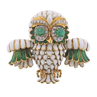 Frascarolo 18k Gold Diamond Enamel Emerald Owl Brooch