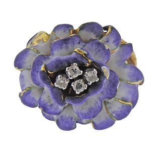 18k Gold Enamel Diamond Flower Ring