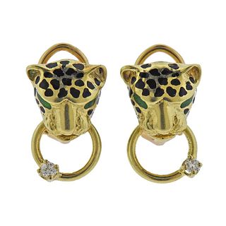 14k Gold Diamond Enamel Panther Earrings