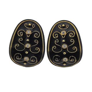 14k Gold Diamond Black Enamel Earrings