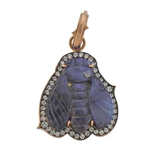 Sylva & Cie 14k Gold Diamond Carved Opal Insect Pendant