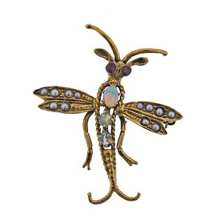 14k Gold Opal Pearl Ruby Insect Brooch