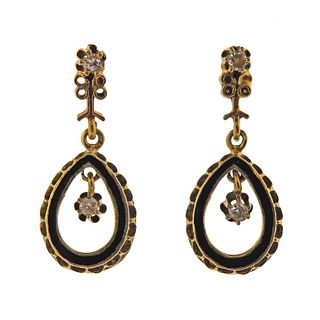 Antique 14k Gold Enamel Diamond Dangle Earrings