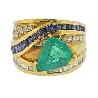 18K Gold Diamond Sapphire Emerald Wide Band Ring