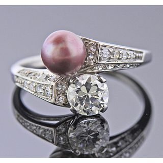 Art Deco Platinum Diamond Pearl Ring
