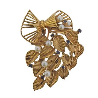 Mid Century 14k Gold Sapphire Pearl Brooch Pin