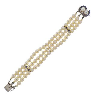 14k Gold Pearl Sapphire Multi Strand Bracelet