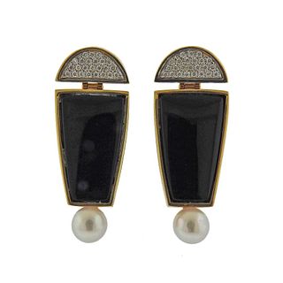 14k Gold Modernist Diamond Onyx Pearl Earrings
