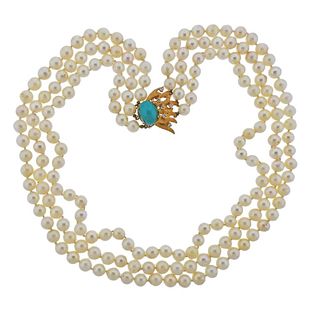 14K Gold Turquoise Diamond Three Strand Pearl Necklace