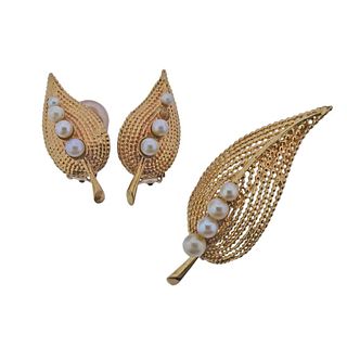14K Gold Pearl Brooch Earrings Set
