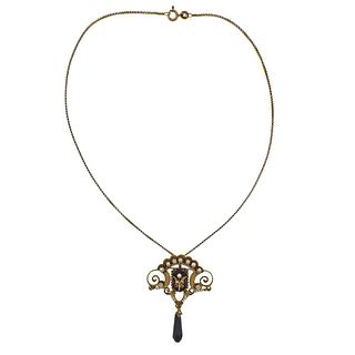 14K Gold Pearl Onyx Diamond Enamel Pendant Necklace Earrings Set