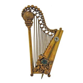 Antique 14k Gold Diamond Emerald Harp Brooch