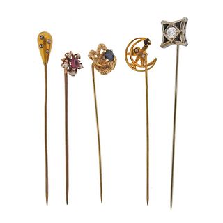 Antique Victorian Art Deco Gold Diamond Stick Pin Lot